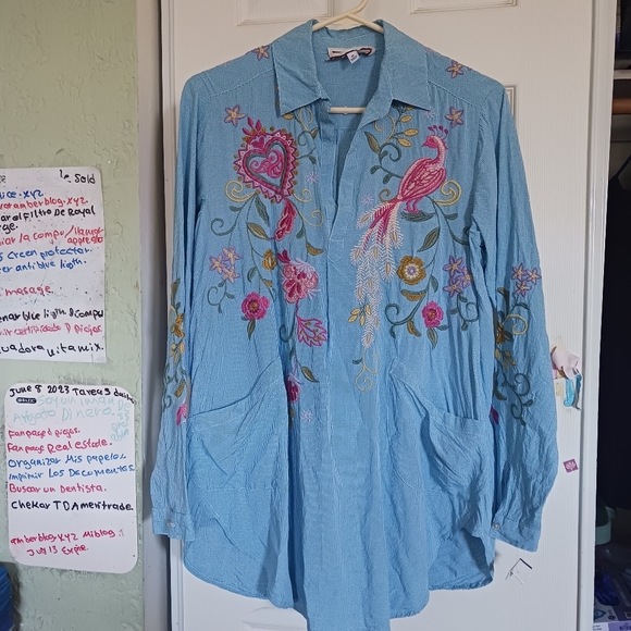 Johnny Was Ashlee Henley Popover.Peacock Embroidered Tunic Top Blue Plaid SZ XS - Picture 11 of 12